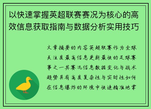 以快速掌握英超联赛赛况为核心的高效信息获取指南与数据分析实用技巧